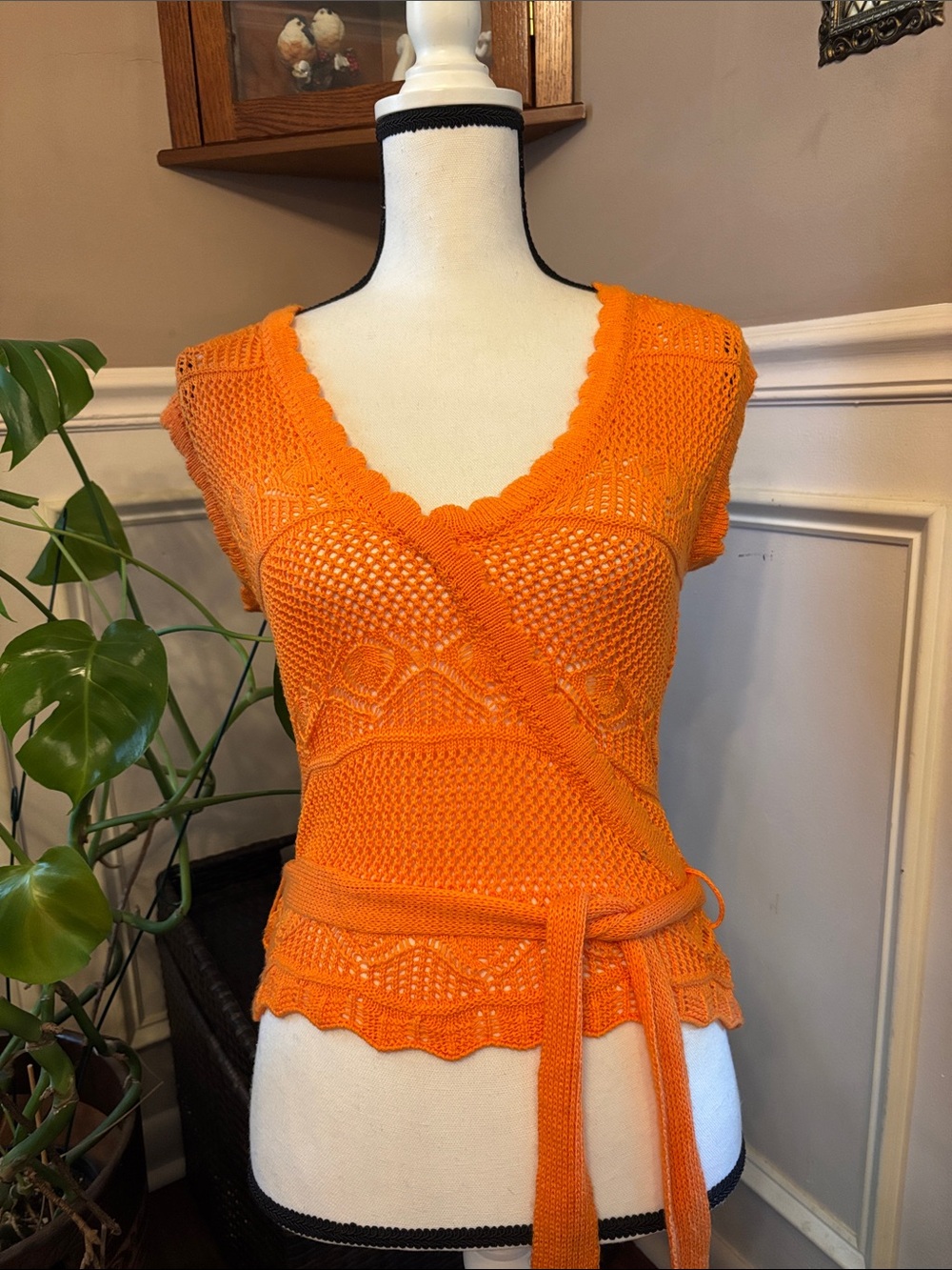 Sleeveless Orange Knit Wrap Tank with Self-Tie Belt